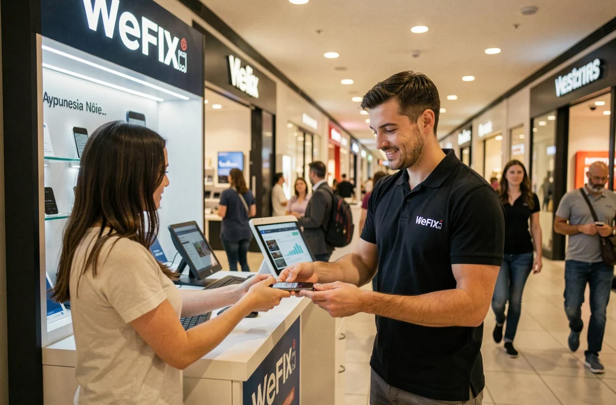 Kiosque WeFix Parly 2 dans un centre commercial avec un technicien remettant un smartphone réparé à un client