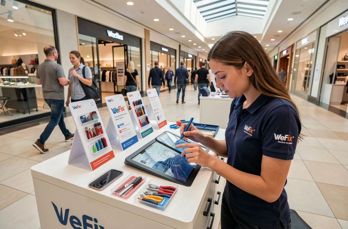 Technicienne WeFix Vélizy 2 inspectant l'écran fissuré d'un smartphone au comptoir du kiosque en centre commercial