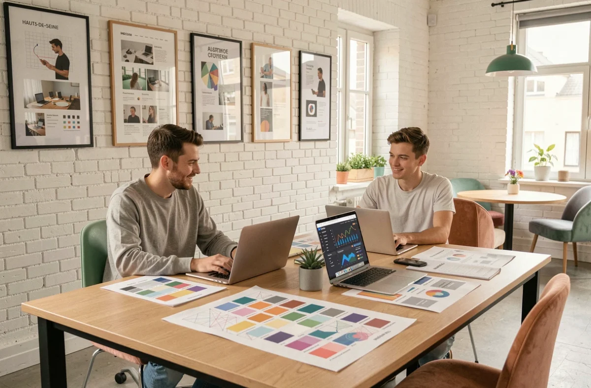 Designers de Zaplo Studio travaillant sur des projets d'IA et de web design dans leur agence des Hauts-de-Seine